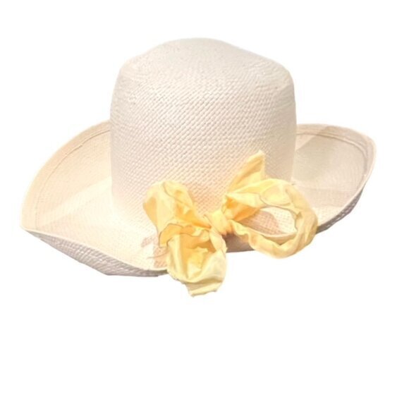 Banana Republic Wide Brim Garden Hat Yellow Bow Travel Preppy Coastal Boho EUC - Picture 4 of 11